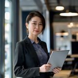 乱伦社内容总监林晓雯的职业形象照，干练短发，手持平板电脑，站在明亮的内容工作室内，展现专业内容人气质