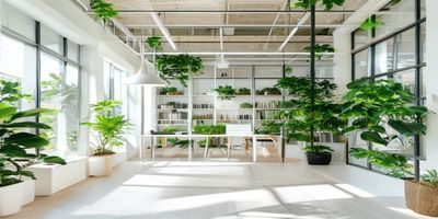 乱伦社办公区域一角，大窗采光充足，绿植点缀，白色书架整齐排列，展现北欧简约的工作环境氛围