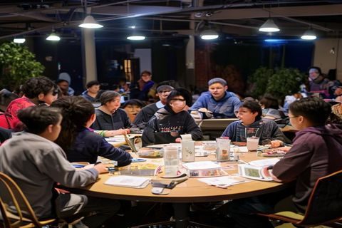 乱伦社协助某教育机构举办的用户成长营活动现场，学员围坐在圆形桌旁积极讨论，导师在旁引导，学习氛围浓厚