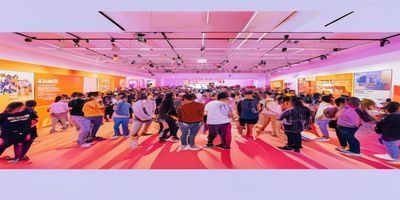 乱伦社品牌活动现场，参与者聚集在展台前交流，橙粉色主视觉背景板清晰可见，现场气氛热烈