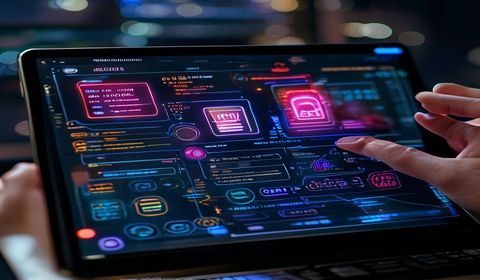 关于 AI 时代内容创作的博客封面图，平板电脑屏幕上显示 AI 辅助写作界面，旁边放着手写笔记本，新旧创作方式并存