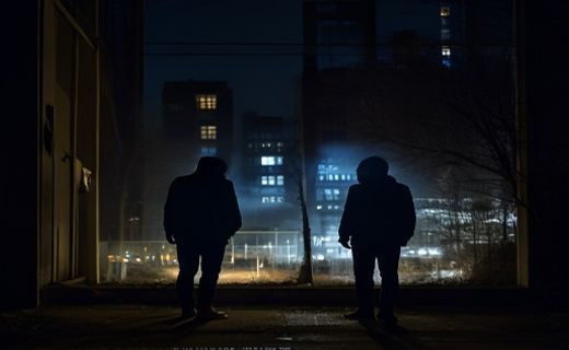 夜晚窗边两个模糊人影相对而立，光线暧昧，象征乱伦社禁忌情感叙事的核心张力与复杂情绪
