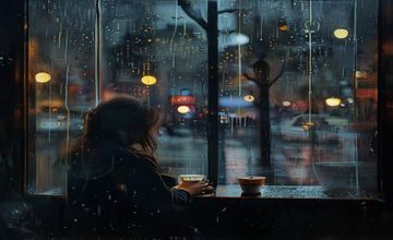 雨夜咖啡馆内独坐的女性，窗玻璃上水珠模糊了街景，情感压抑与孤独感，禁忌文学阅读氛围